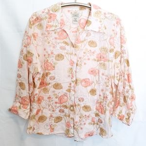 L.L. Bean 100% Linen Floral Button Up Top Pink XL